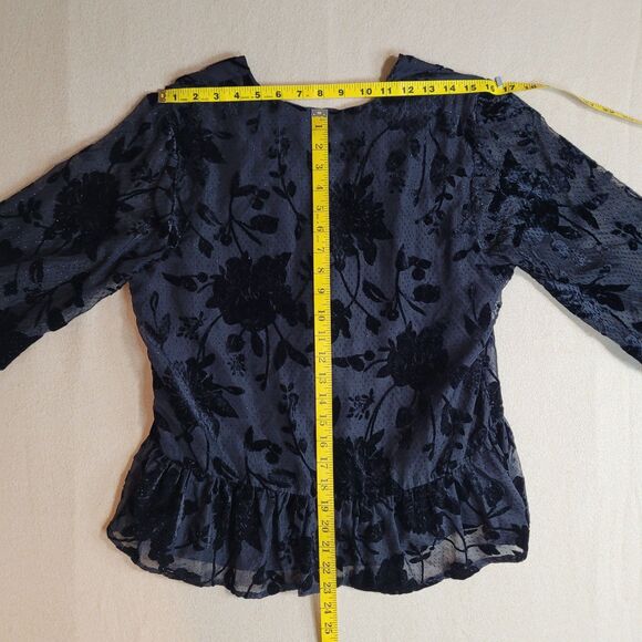 Express Top Black Floral Velvet Burnout Womens M Ruffles Sheer Sleeve Fairy Goth - Picture 7 of 10